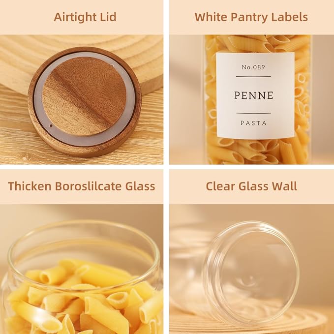 3 Pack Glass Canisters with Airtight Acacia Lids and 132 Kitchen Pantey Labels Preprint - 45 Fl Oz Borosilicate Glass Pantry Storage Jars Containers with Wooden Lids for Tea,Sugar,Cookie,Coffee,Nuts