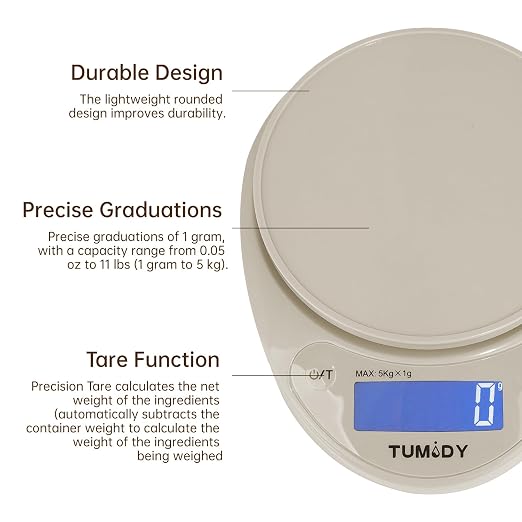Small Digital Kitchen Scale Food -11lb/5kg Kitchen Weight Scale with LCD Display for Weight Loss, Sourdough Bread, Baking, Cooking, Keto and Meal Prep, 1g Precision, Batteries Included, Khaki