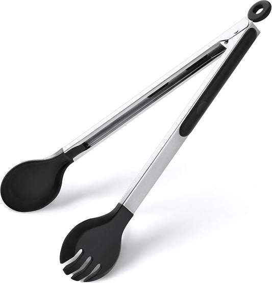 12 Inch Kitchen Tongs for Cooking, 600ºF Heat Resistant 2-in-1 Cooking Tongs with Silicone Tip & Measure Spoon Pasta Tongs Spaghetti Tongs for Tossing Salad, Serving Food, Non-Stick (12"-Round Head)