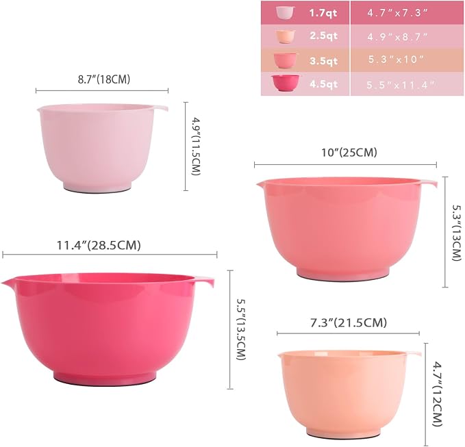 BoxedHome Mixing Bowls Set of 4, BPA Free Plastic,Microwave Safe, Rose Red | 4.5/3.5/2.5/1.7 quarts,Non-slip Base Large Nesting Bowl with Pour Spout, Dishwasher Safe, for Prep, Cooking,Baking