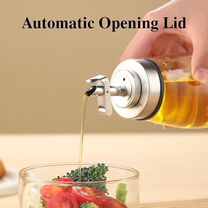 Glass Oil Dispenser Bottle with Stainless Steel Spout, Automatic Opening Lid, for Cooking Oil, Vinegar, Sauces, Syrup, 6OZ