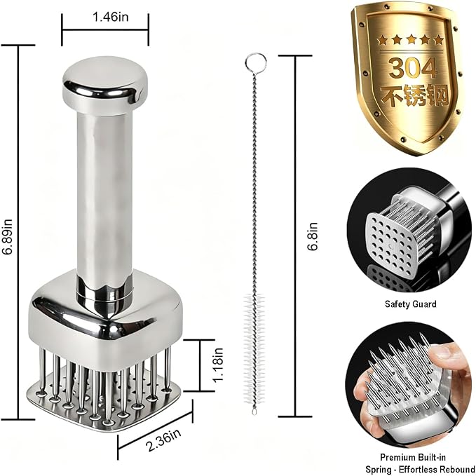 Meat Tenderizer with 28 Sharp Needles, Heavy-Duty Meat Tenderizer Tool with Auto-Rebound Safety Guard, Dishwasher Safe, Includes Cleaning Brush, Silver