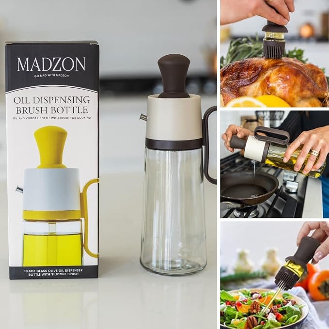 3-in-1 Olive Oil Dispenser Bottle for Kitchen with Brush and Straw Cleaner. Pour, Drizzle or Brush Vinegar, Soy Sauce and Cooking Oil Container. 18.6oz Glass Oil Cruet/Leakproof Spout (Brown)