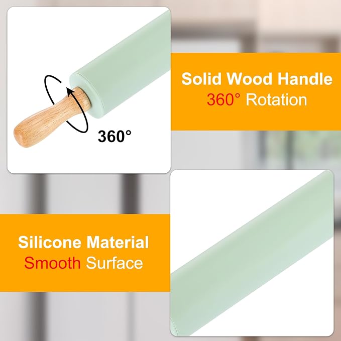 uxcell 6.7 Inch Silicone Rolling Pin and Pastry Baking Mat Set Small Dough Roller with Wood Handle for Pizza Pastry Fondant Home Kitchen, Mint Green