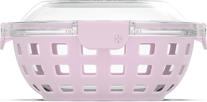 Ello DuraGlass Food Storage Glass Lunch Bowl Container - Meal Prep Container with Silicone Sleeve and Airtight Lid, 5 Cup, Cashmere Pink | Leakproof glass meal prep salad bowl. BPA-free lid, silicone sleeves, great for meal prepping, food storage, and ...
