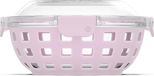 Ello DuraGlass Food Storage Glass Lunch Bowl Container - Meal Prep Container with Silicone Sleeve and Airtight Lid, 5 Cup, Cashmere Pink | Leakproof glass meal prep salad bowl. BPA-free lid, silicone sleeves, great for meal prepping, food storage, and ...