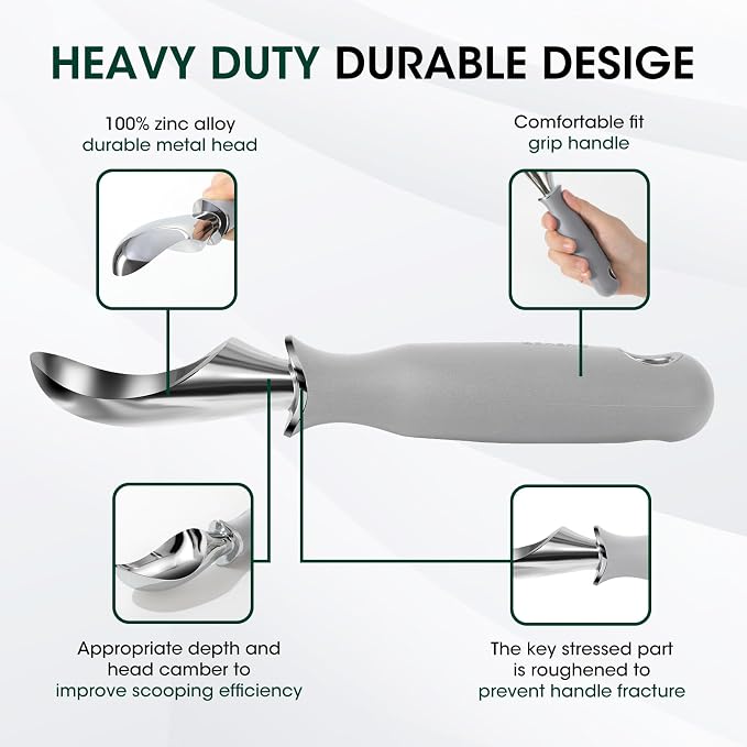 Beneno Heavy Duty Ice Cream Scoop - Upgraded Anti-Fracture Design, Comfortable Grip Long Handle, Effortless Scooping & Dishwasher Safe, Gray