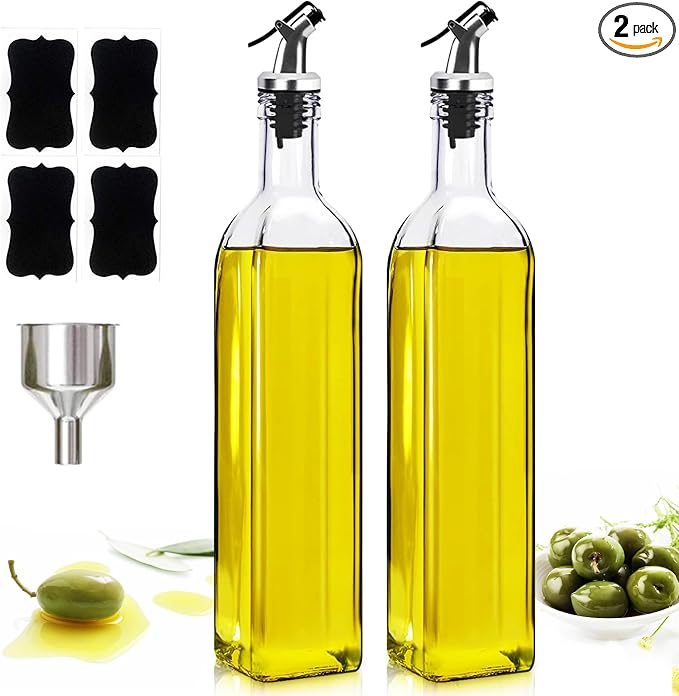 Showvigor Olive Oil Dispenser Bottles, 2Pack 17oz/500 ml Square Glass Tall Oil Bottles with 4 Labels, 2 Pourers and 1 Funnel