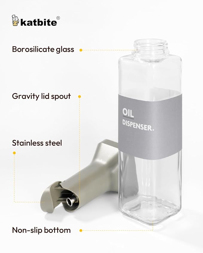 katbite 16oz Glass Olive Oil Dispenser Bottle for Kitchen Cooking - Leakproof Kitchen Essential with Precise Pouring Spout for Salad, Air Fryer, BBQ, Non-Stick Pans, Easy Refill and Use, Dark Grey