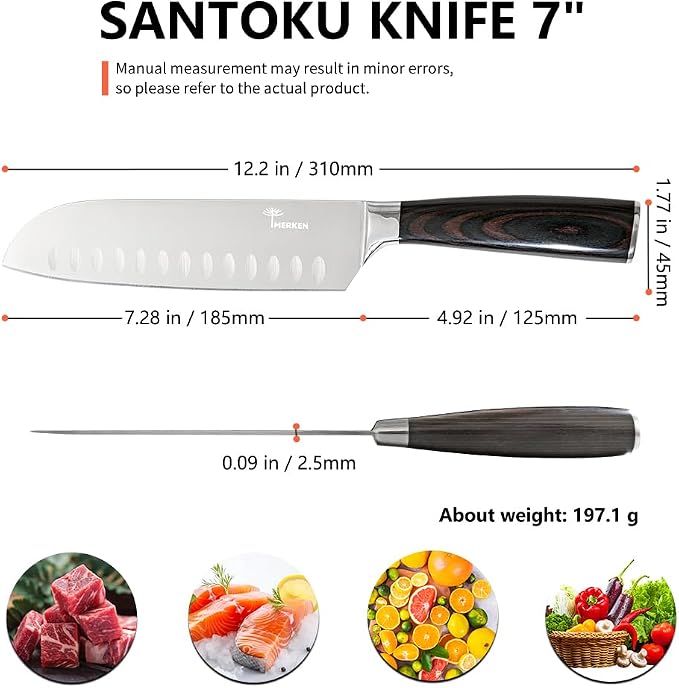 MERKEN Santoku Knife 7 Inch Japanese Multipurpose Kitchen Knife, Pakkawood Handle