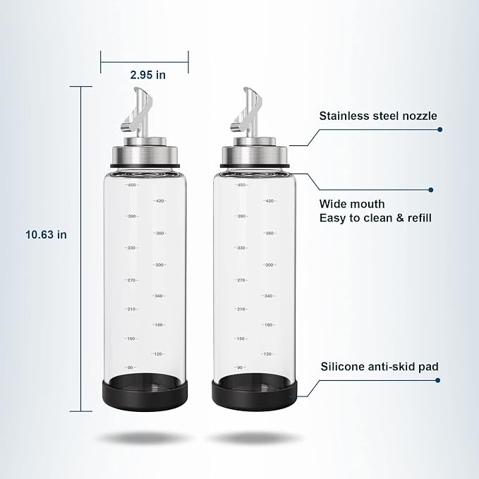 Suli Glass Olive Oil Dispenser Bottle -2 Pack17oz Oil and Vinegar Cruet Set with Steel Spouts and Labels for Kitchen Cooking, Salad Dressing, and BBQ (Silver)
