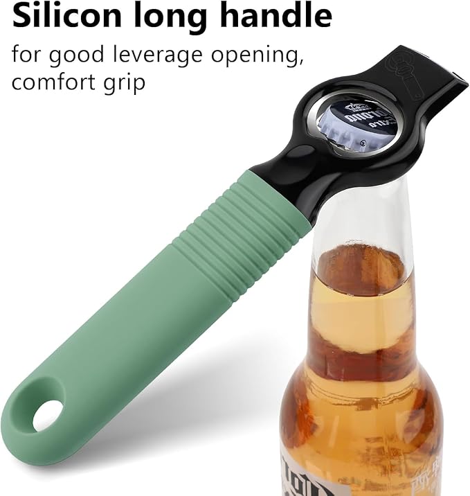 2-Pack Magnetic 2-in-1 Beer Bottle Cap & Soda Can Opener-Green | Soft Silicone Handle with Built-in Magnet Sticks to Fridges / Easy Can Tab Opener for Bartenders, Seniors, and Long nails