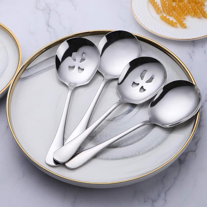Meisha Serving Spoons Set, 3 Serving Spoons and 3 Slotted Serving Spoons, Silver Stainless Steel Serving Utensils for Buffet Can Banquet Cooking Kitchen - Mirror Polished