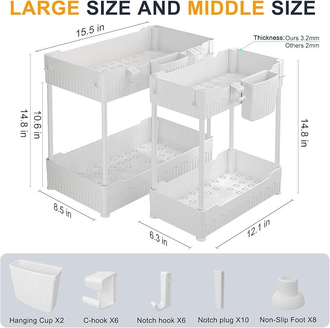 2-Pack Under Sink Organizer with Hooks & Hanging Cup for Kitchen | Multi-use kitchen & bathroom storage, 14.8 inch white cabinet organizer, with hooks and hanging cup for easy access.