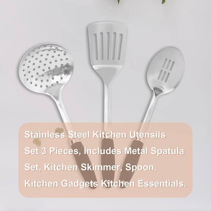 3 Piece Stainless Steel Cooking Utensils Set, Metal Slotted Spoon, Slotted Turner Spatula and Skimmer Set for Cooking, Frying, Serving, Dishwasher Safe