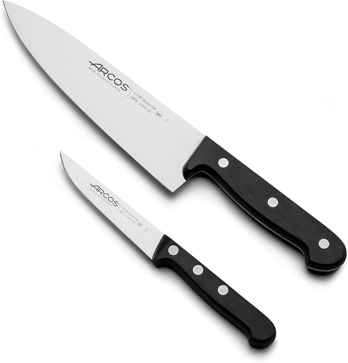 Arcos Knife Set 2 pieces - Nitrum Stainless Steel and mm blade. 363 gr. Professional Kitchen Knife for Cooking. Ergonomic Polyoxymethylene POM Handle. Series Universal. Color Black