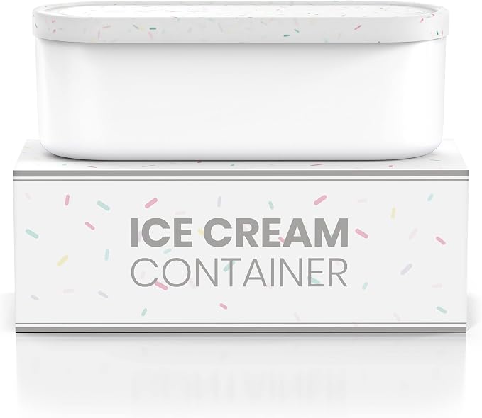 BALCI,Ice Cream Container,2 Quart,Perfect Reusable Freezer Storage for Homemade Ice Cream Tubs for Sorbet, Frozen Yogurt and Gelato!,Flexible Silicone Lids, Long Scoop, Stackable,White with Sprinkles