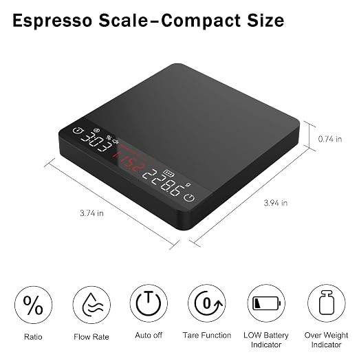 Mini Coffee Scale with Timer,Rechargeable Espresso Scale with Auto Timing, Ratio Flow Rate Display,2kg/0.1g High Precision,for Espresso & Pour-Over Coffee,Aluminum Body,Digital Kitchen Scale,Black