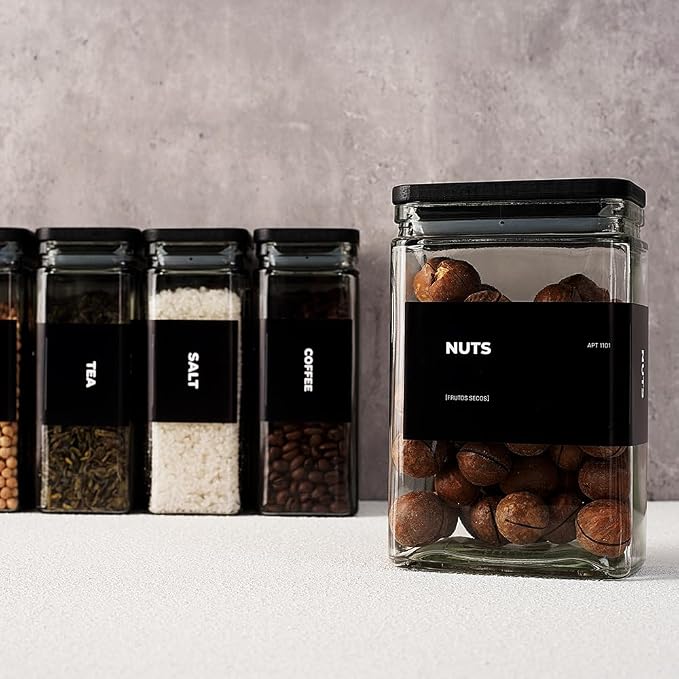 Glass Storage Jars with Bamboo Lid, glass canisters with airtight lids, Clear jars with lids for Spice, Cookie, Candy, Tea, Coffee Bean and Rice (Black, 26 oz, Set of 6)