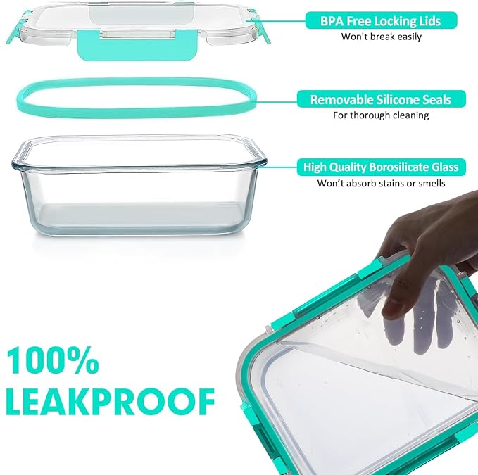 VERONES 30 Pieces Glass Food Storage Containers Set with Lids, Green | Stackable Glass Meal Prep Containers Set with Lids, Airtight Lunch Containers, for Microwave, Oven, Freezer & Dishwasher