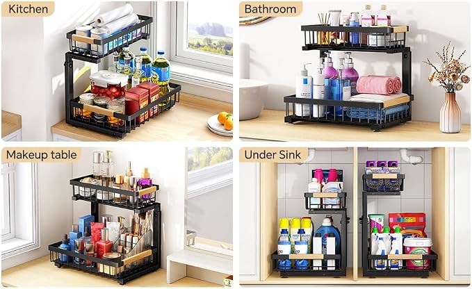 PXRACK Under Sink Organizer, Adjustable Height, 2 Tier Pull Out Under Cabinet Organizer, Slide Out Thickened Metal Under Sink Storage for Kitchen Bathroom Laundry Pantry Cabinet, Black, Small-2-Pack