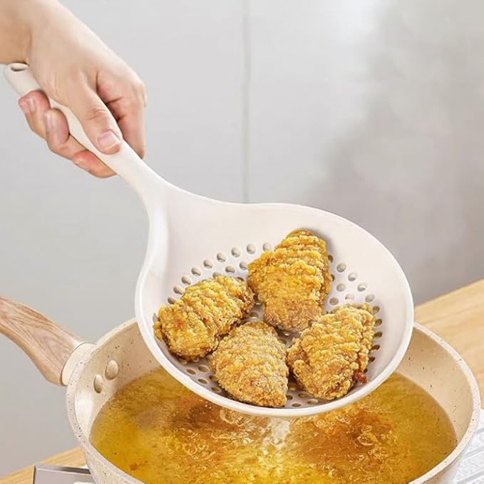 Kitchen Ladle Strainer, Large Slotted Spoon with High Heat Resistant BPA Free, Strainer Scoop for Pasta Noodles Vegetables, Non Stick Cooking Skimmers for Draining & Frying, Beige