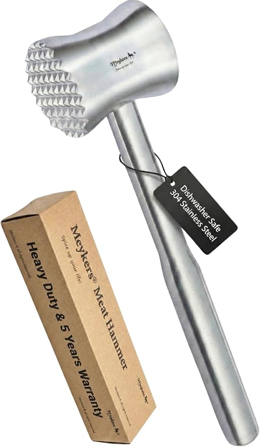 Meykers Meat Tenderizer Mallet | 304 Stainless Steel | Dishwasher Safe | Meat Pounder Hammer Flattner Beater | Kitchen Tool for Steak Chicken Poultry Food | Ablandador de Carne Martillo para Carne