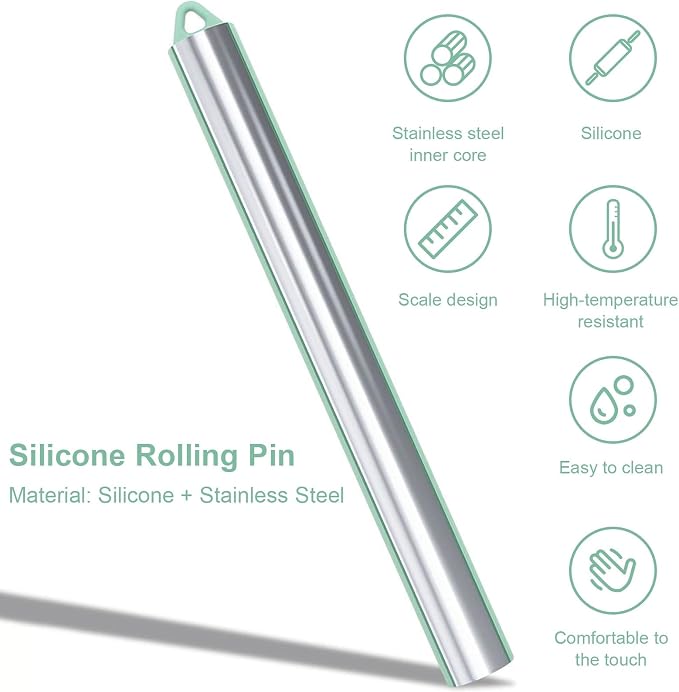 Non Stick Dough Roller Pins for Baking,Silicone Rolling Pin with Steel Core 10.39"/26.4cm (Green)