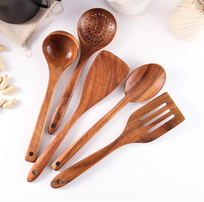 6Pcs Wooden Spoons for Cooking, Wood Kitchen Utensil Set with Holder, Natural Acacia Wood, Heat Resistant, Non-Stick, Wooden Cooking Utensils Set for Mom, Wife Cooking Gifts