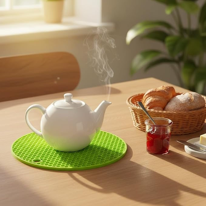 6-Pack Silicone Trivet Mats, Heat Resistant Hot Pads, Dishwasher Safe Kitchen Mats, BPA-Free Pot Holders for Table, Countertop, Stove, Honeycomb Design (Green, 7“ Round)