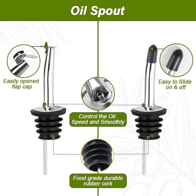 Green Olive Oil Dispenser Bottle - 17oz/500ml Glass Oil and Vinegar Bottles Set for Kitchen, Oil Dispenser with 2 Stainless Steel Pourers, Funnel and Brush
