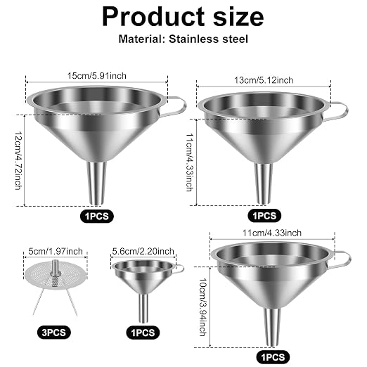 2027 Stainless Steel Filter Funnel,7 Pack Funnel Set | 4 Sizes 2.2-5.9 Inches Food Grade 304 Metal Kitchen Funnels with 3 Fine Mesh Strainers for Filling Bottles, Canning, Oil