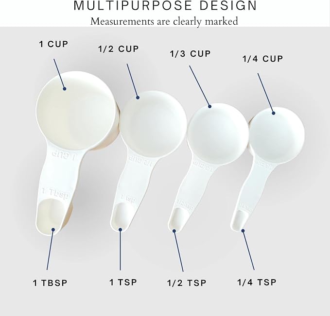 Storage Theory 2-in-1 Measuring Cups & Spoons Set (4-Piece) - Nesting Space-Saving Kitchen Gadget - BPA-Free Food Grade Plastic - Dishwasher Safe for Baking, Cooking, Coffee - White