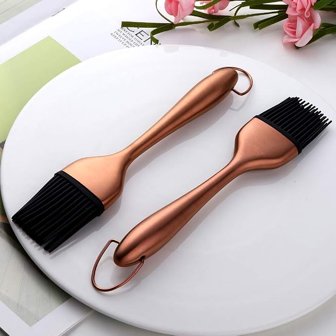 2 Pack Grill Basting Brush with 2 Pack Back Up Silicone Brush Heads, No Shed Bristles Stainless Steel Handles Heatproof Rust Resistant, Pastry Brushes for Kitchen Cooking BBQ (Rose Gold)