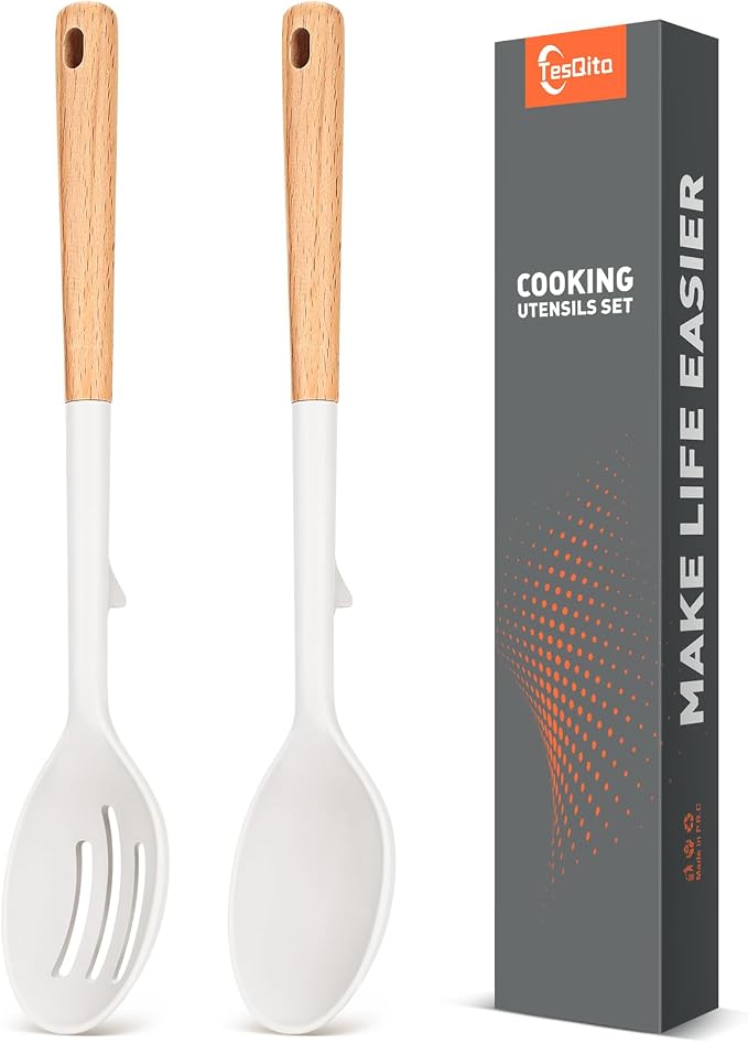 2 Pack Silicone Cooking Spoons, BPA Free, Wooden Handle Heat Resistant Solid & Slotted Spoons for Nonstick Cookware, Suitable for Scooping, Serving and Mixing (White) | BPA Free, Heat Resistant Kitchen Spoons, 13.9'' Length Nonstick Cookware for Cookin...