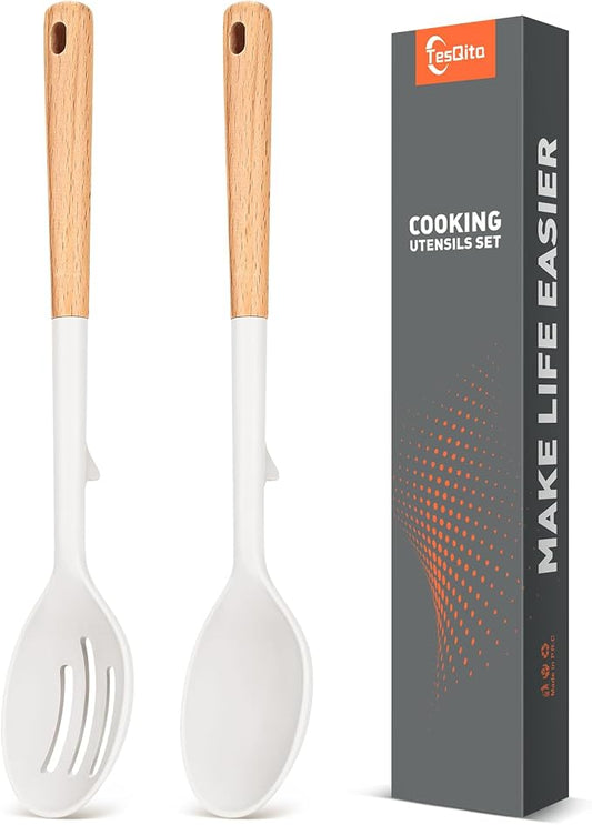 2 Pack Silicone Cooking Spoons, BPA Free, Wooden Handle Heat Resistant Solid & Slotted Spoons for Nonstick Cookware, Suitable for Scooping, Serving and Mixing (White) | BPA Free, Heat Resistant Kitchen Spoons, 13.9'' Length Nonstick Cookware for Cookin...