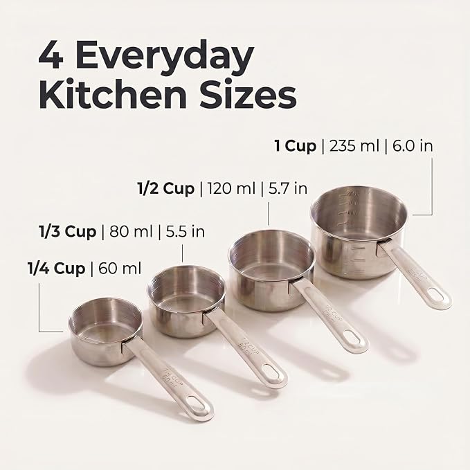 Stainless Steel Measuring Cups Set of 4, Nesting Metal Cups, Marked Handles | Includes 1/4, 1/3, 1/2 and 1 Cup; Stamped 1-Cup Interior Marks for Dry Ingredients, Flour, Sugar, Oats, Rice and Baking