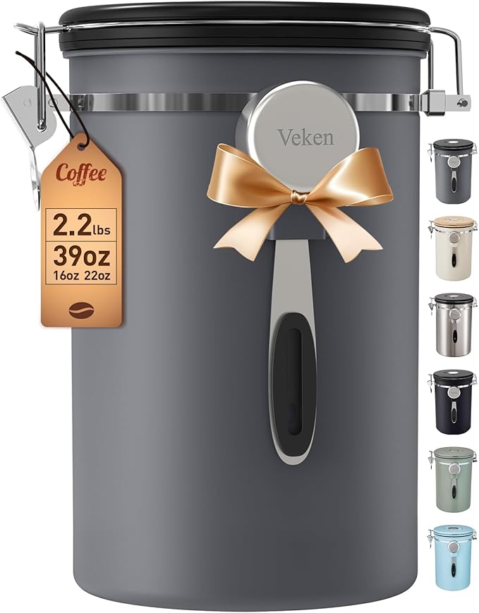 Veken Coffee Canister,39OZ, 2.2lbs,Large Airtight Stainless Steel Container | Kitchen Food Storage Jars for Beans,Ground, Espresso, Rice,Tea, Sugar,Cookie, Bar Accessories,Gifts, Scoop, Gray
