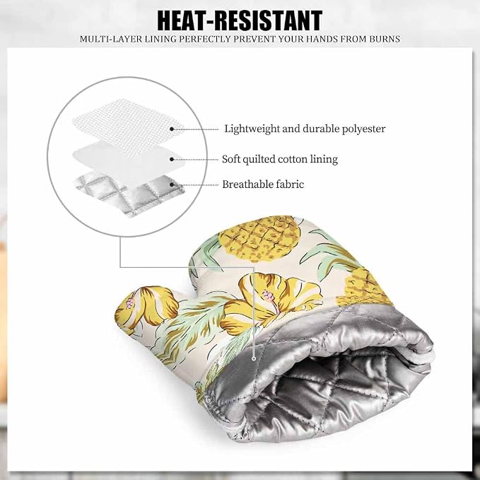 Mxocom Yellow Pineapples Oven Mitt and Pot Holder with Silicone Hibiscus Flowers Green Palm Leaves Summer Tropical Beach Floral Heat Resistant Kitchen for Cooking BBQ Baking Grilling Spring/Summer