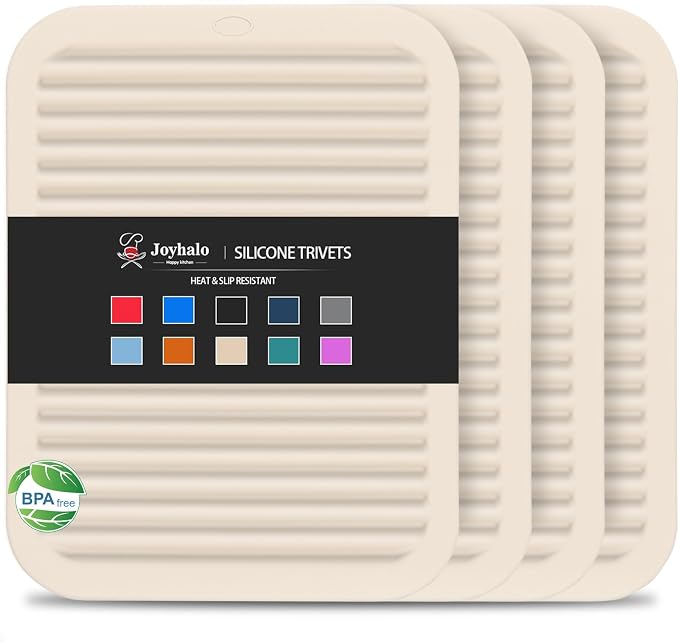 4 Pack Square Silicone Trivets | Hot Pads for Kitchen, Hot Pots and Pans, Hot Dishes, Countertops, Heat Resistance to 480°F, Khaki