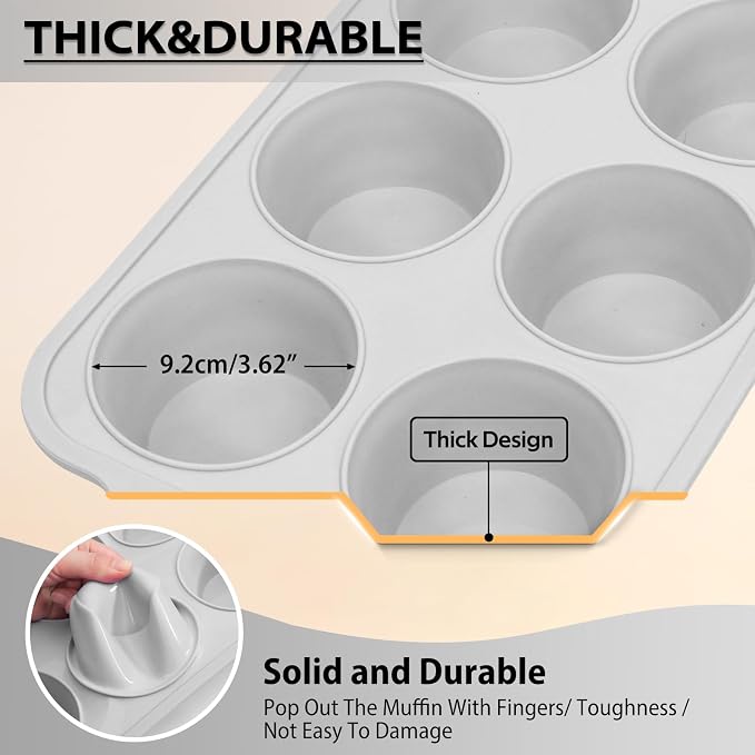 Jumbo Silicone Muffin Pan with Frame, Non Stick Large Cupcake Baking Tin | Silicone Cupcake Pan with Handles 6 Cup, BPA Free Silicon Muffin Tin Tray Extra Large for Baking Egg Bites Mold Light Grey