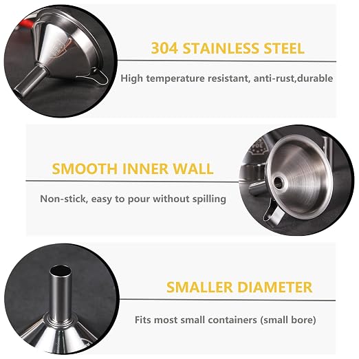 Small Funnels for Filling Bottles, Stainless Steel Small Kitchen Funnel Set of 3, Food Grade Mini Funnels for Kitchen Use Filling Bottles Liquor Flask Tiny Spice Cooking Powder Water 3in&2.2in&1.8in