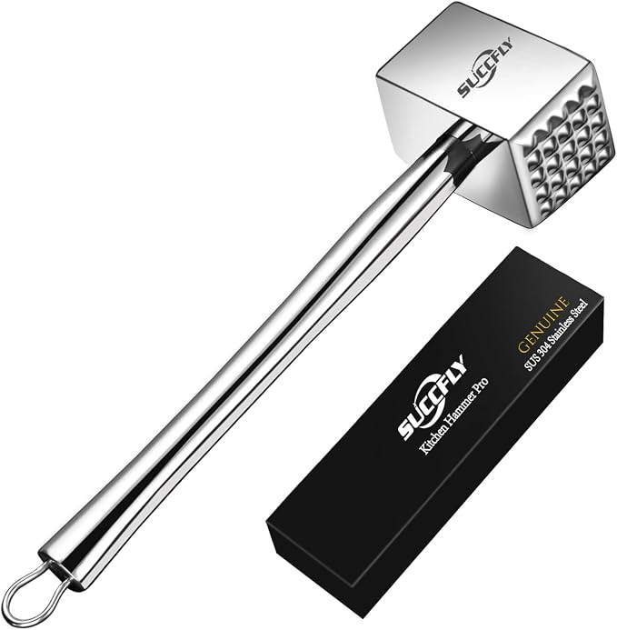 SUCCFLY Meat Tenderizer Stainless Steel, Heavy Duty Meat Hammer, Kitchen Meat Mallet 1.65LB Meat Pounder Flatterner Weighted Hammer Extended Handle for Labor-saving Chicken Steak Meat Tenderizer Tool