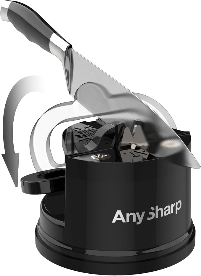 AnySharp – Global – Hands Free Knife Sharpener - Easy to Use Sharpening Tool with PowerGrip Suction Base and 20-Degree Pre-Set Angle - for All Knives: Chef's, Serrated, and Hardened Steel - Black