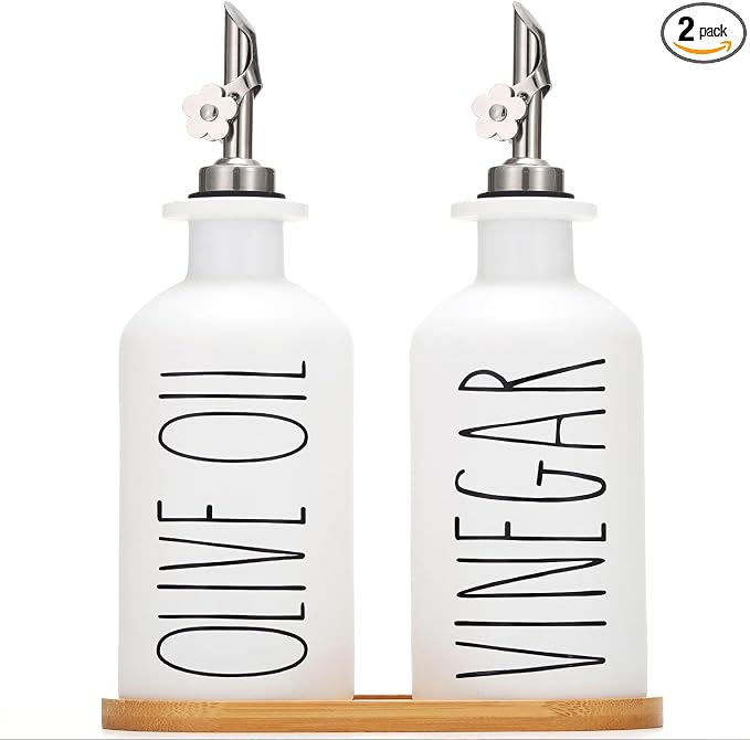 HOMCDALY Premium Olive Oil Dispenser for Kitchen, 11.8oz Glass Oil Bottles with Bamboo Tray, White Oil&Vinegar Cruet Set, Kitchen Dispenser Bottles with Pourer| Set of 2 (11.8oz –P–White)