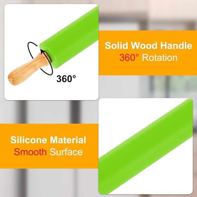 uxcell 6.7 Inch Silicone Rolling Pin, Small Dough Roller with Wood Handle for Pizza Pastry Fondant Kitchen, Green