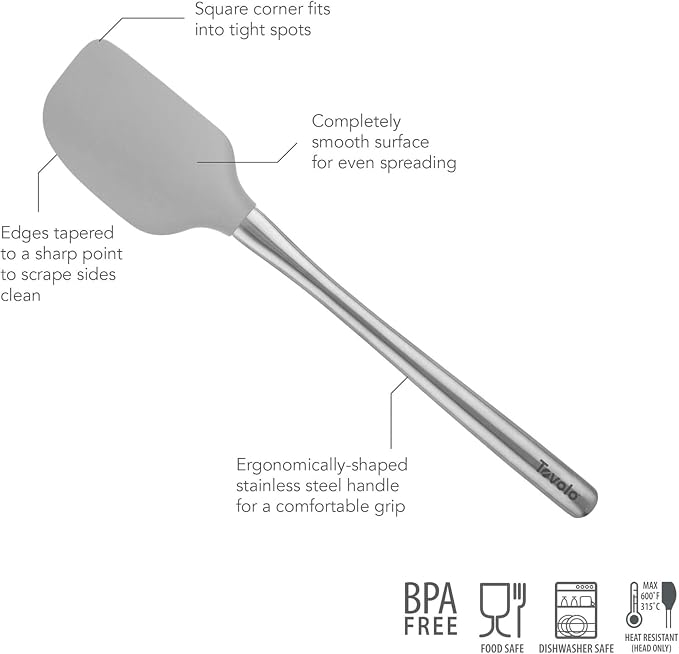 Tovolo Flex-Core Silicone Spatula Metal Handle for Scraping Bowls Mixing and Baking, Dishwasher Safe Heat Resistant Stainless Steel Silicone Spatula for Cast Iron and Nonstick Cookware, Oyster Gray