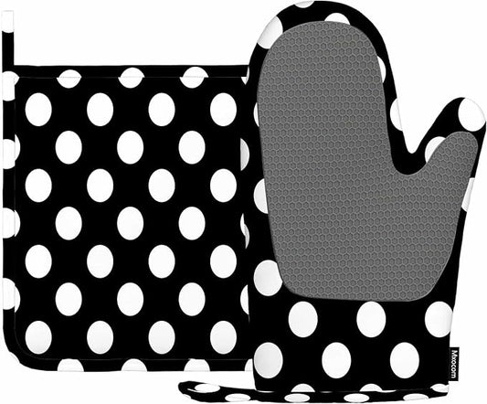 Mxocom Polka Dot Oven Mitt and Pot Holder with Silicone Black White Round Circle Heat Resistant Kitchen for Cooking BBQ Baking Grilling Spring/Summer