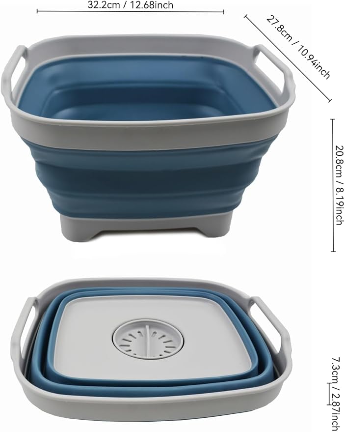 SAMMART 7.5L (2 Gallons) Collapsible Dishpan with Draining Plug - Foldable Washing Basin - Portable Dish Washing Tub - Space Saving y (Grey/Steel Blue (Set of 2), 2)