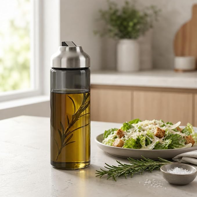 Aelga Olive Oil Dispenser Bottle for Kitchen, 14oz Dark Glass Vinegar Dispenser, Auto Flip Lid, UV-Protected Oil Cruet with Drip-Free Pour Spout